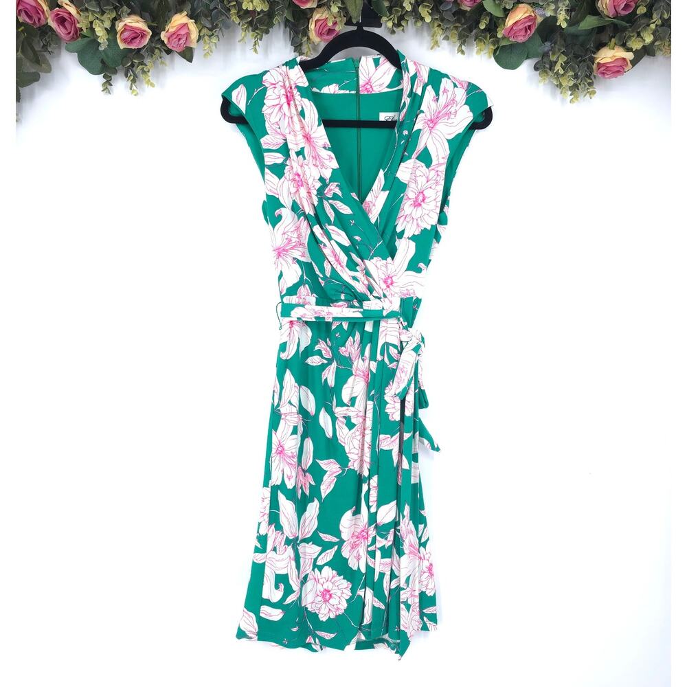Eliza J Emerald Green Pink Dress Sleeveless Floral Print Fit & Flare Size 2 NWT